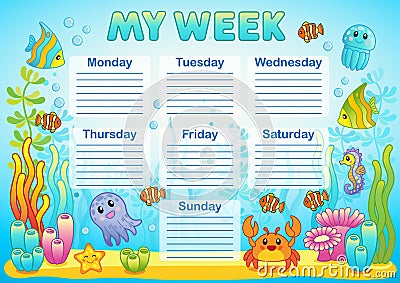 Design of the school timetable for kids. Bright underwater background for the planning of the school week Vector Illustration