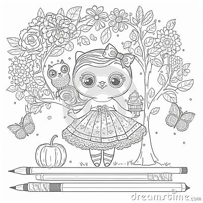 Cute drawings to color: bear, night owl and girl with flowers. Cute drawings, night owl, girl with flowers Stock Photo