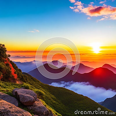 View from the top of the mountain to the clouds and sunset. clouds and sun setting, sun rising, view from above Stock Photo