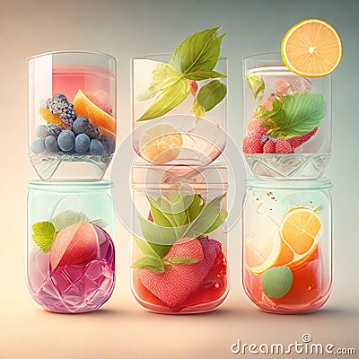 Drink, cocktail, Fresh fruit, flavored water. Food background, fruits, leaves. Pitcher with fruit, juice, fruit juice Stock Photo