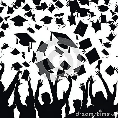 Graduates throwing their mortarboards in the air, illustration on white background. Stock Photo