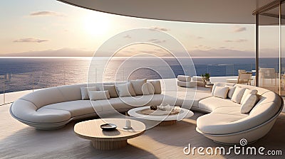 Design a serene oceanfront gathering space with a curved sectional sofa, glass walls, and a private terrace that merges seamlessly Stock Photo