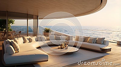 Design a serene oceanfront gathering space with a curved sectional sofa, glass walls, and a private terrace that merges seamlessly Stock Photo