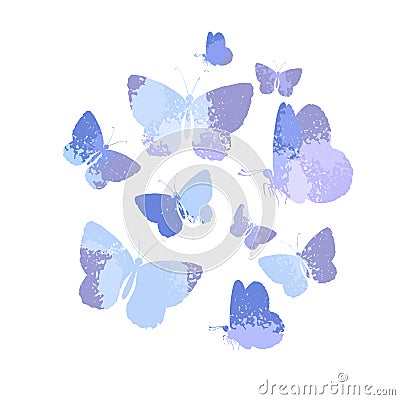 Design, set of blue silhouettes watercolor butterflies isolated on white background. Vector Illustration