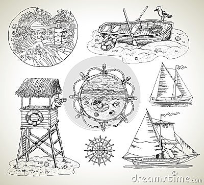 Design set with boats, light house and sea vintage elements Vector Illustration