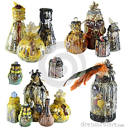 Design set with group of magic witch bottles isolated on white Stock Photo