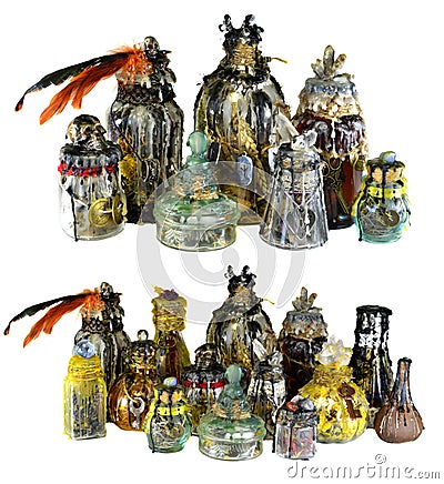 Design set with magic witch bottles decorated with crystals isolated on white Stock Photo