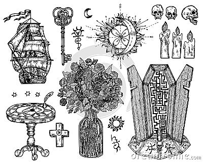 Design set with mystic symbols isolated on white. Vector Illustration