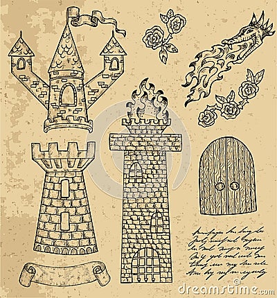 Design set with old tower, castle or fortress with gate and unreadable hand written text. Vector Illustration