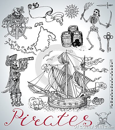 Design set with pirates, ship, skeleton and vintage sea symbols Vector Illustration