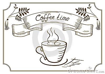 Design signboard for cafe with ornament, coffee cup in style hand drawing Vector Illustration