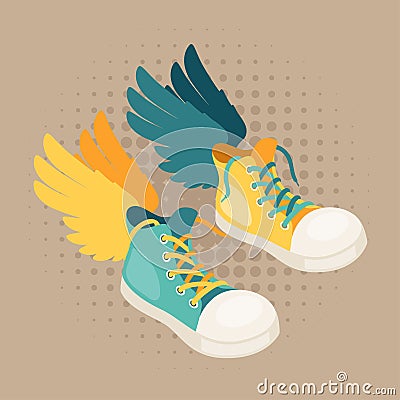 Design with sneakers and wings in hipster style Vector Illustration