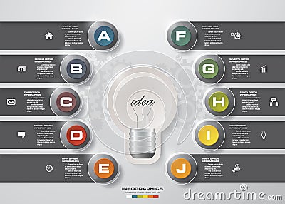 Design 10 steps with idea light blub template/graphic or website layout. 10 steps chart. Vector Illustration