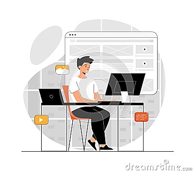 Design studio concept. Graphic designer work with landing web page, create UI UX design user interface. Illustration Vector Illustration