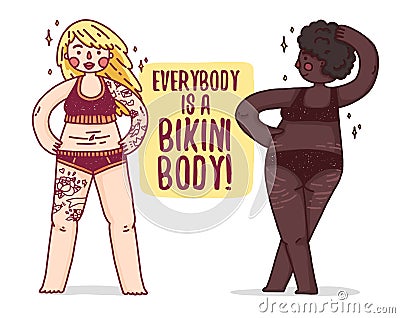 Design summer banner with group of girls plus size in swimsuits. Body positive poster with white and afro girl for Vector Illustration