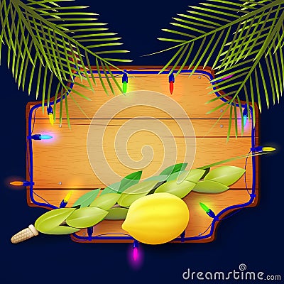 Design with symbols of the Jewish Sukkot. Vector Illustration