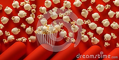 box bucket popcorn background corn cinema food red industry blue film. Generative AI. Stock Photo