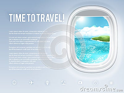 Design template with aircraft porthole and tropical landscape in it. Vector illustration, eps10. Vector Illustration