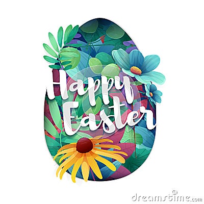 Design template banner for Happy Easter. Silhouettes of egg with floral, herb, plant decoration. Card with logo Vector Illustration