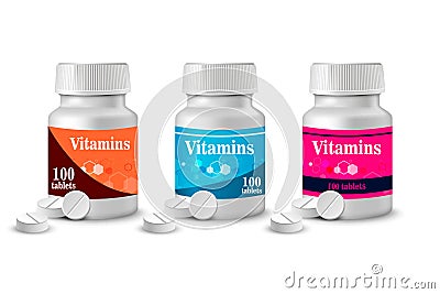 Design template for a bottle with vitamins. A jar with medications. Vector Illustration
