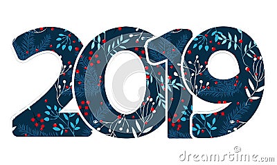 Design template with calligraphy for 2019 Happy New Year. Black number 2019 hand drawn lettering on white background. Vector illus Cartoon Illustration