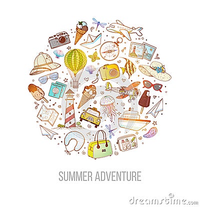 Design template with color cartoon travel doodles Stock Photo