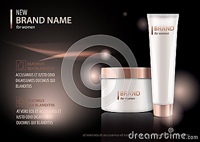 Design template of cosmetic package advertising for hand or face cream, lotion. Vector mock up tube on premium black Vector Illustration