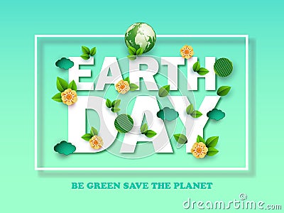 Design template Happy Earth Day with abstract leaves, flowers and clouds. Vector illustration. Colorful environmental elements of Cartoon Illustration