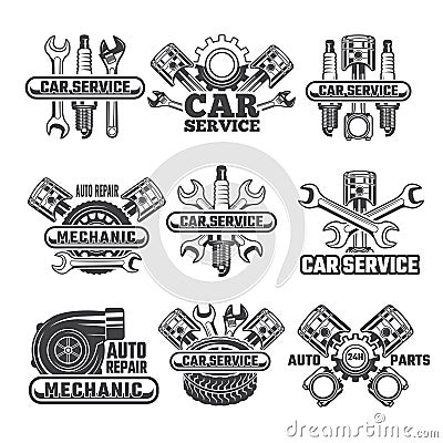 Design template of labels and badges with automobile tools and details Vector Illustration