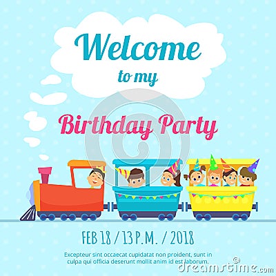 Design template of poster for kids party invitation. Illustration of train toys Vector Illustration