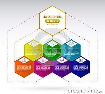Design template with seven colorful option and icons infographic hexagons Vector Illustration