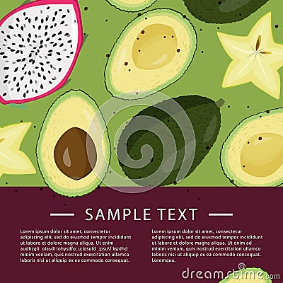 Design template with slices of fruits. Bright recipe of fruit meal Vector Illustration