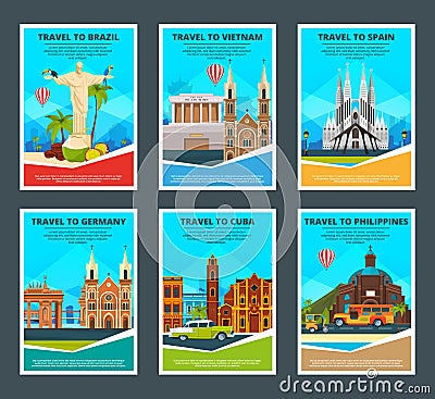 Design template of various travel cards with illustrations of famous landmarks Vector Illustration