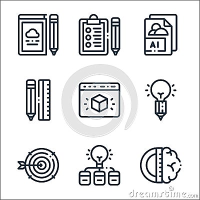 Design thinking line icons. linear set. quality vector line set such as brain, light bulb, target, pencil, web, pencil, ai, Vector Illustration