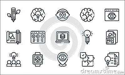 Design thinking line icons. linear set. quality vector line set such as files, location, teamwork, puzzle, pantone, file, pencil, Vector Illustration