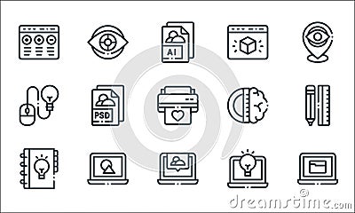 Design thinking line icons. linear set. quality vector line set such as laptop, laptop, light bulb, laptop, mouse, brain, web, eye Vector Illustration