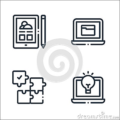 Design thinking line icons. linear set. quality vector line set such as laptop, puzzle, laptop Vector Illustration
