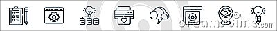 Design thinking line icons. linear set. quality vector line set such as pencil, location, website, cloud, printer, light bulb, web Vector Illustration