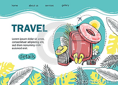 Design a tourist banner with a palm tree, sea, backpack, sun umbrella, airplane for a popular tourist blog, landing page or Vector Illustration