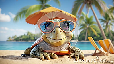 design turtle comedian beach wearing sunglasses creative character leaves Stock Photo