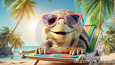 design turtle comedian poster holiday summer character leaves ocean sun Stock Photo