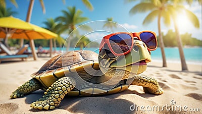 design turtle comedian poster holiday summer character leaves vacation sun Stock Photo