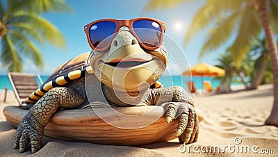 design turtle comedian poster holiday sunglasses character leaves ocean sun Stock Photo