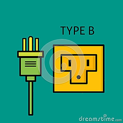 Design Type B power plug and socket, flat design Electrical plugs and electrical outlets Vector Illustration