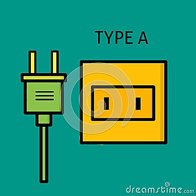 Design Type A power plug and socket, flat design Electrical plugs and electrical outlets Vector Illustration