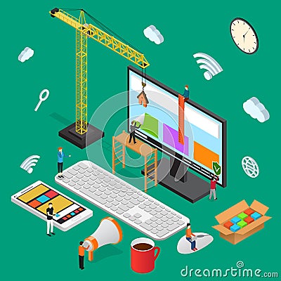 Design Usability Isometric View witch Mobile Phone and Computer . Vector Vector Illustration