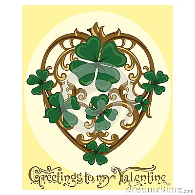 Design for Valentine's Day. Heart in floral ornament and happy clover leaves. Greeting Card Vector Illustration