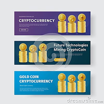 Design of vector banners with piles of gold coins crypto currency Bitcoin, Ripple and Ethereum. Vector Illustration