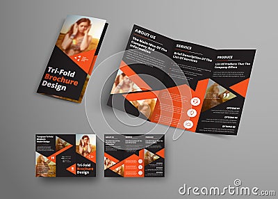 Design of a vector tri-fold brochure with orange triangular elem Vector Illustration