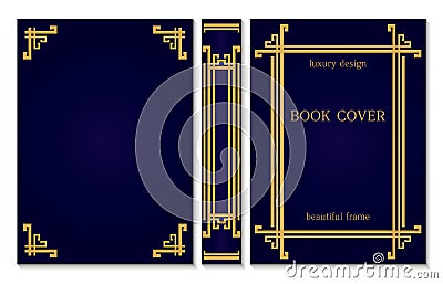 Design of vintage cover for book. Classic books binding. Set of Decorative vintage gold frame or border. Decoration of book by Vector Illustration